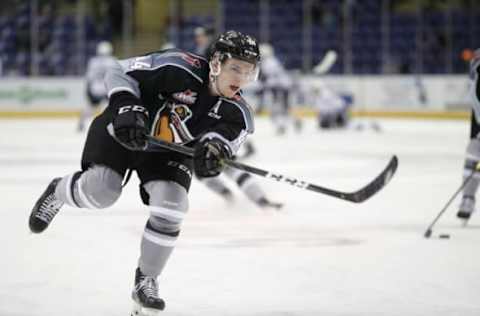 VICTORIA , BC – FEBRUARY 24: Bowen Byram #44 of the Vancouver Giants shoots the puck prior to a Western Hockey League game against the Victoria Royals at the Save-on-Foods Memorial Centre on February 24, 2019 in Victoria, British Columbia, Canada. (Photo by Kevin Light/Getty Images)