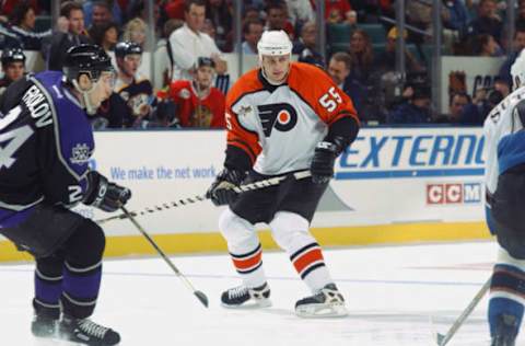 SUNRISE, FL – FEBRUARY 1: Pavel Brendl #55 of the Philadelphia Flyers looks for a pass while being defended by Alexander Frolov #24 of the Los Angeles Kings during the YoungStars game at the Office Depot Center on February 1, 2003 in Sunrise, Florida. The East defeated the West 8-3. (Photo by Dave Sandford/Getty Images/NHLI)