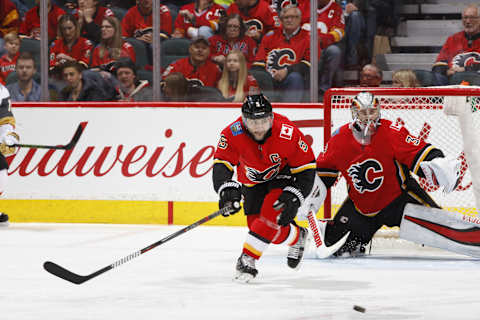 CALGARY, AB – APRIL 7: Mark Giordano #5 of the Calgary Flames plays against the Vegas Golden Knights during an NHL game on April 7, 2018 at the Scotiabank Saddledome in Calgary, Alberta, Canada. (Photo by Gerry Thomas/NHLI via Getty Images)