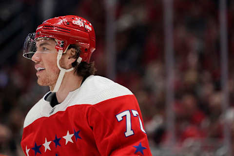 WASHINGTON, DC – JANUARY 11: T.J. Oshie #77 of the Washington Capitals looks on in the first period against the New Jersey Devils at Capital One Arena on January 11, 2020 in Washington, DC. (Photo by Patrick McDermott/NHLI via Getty Images)