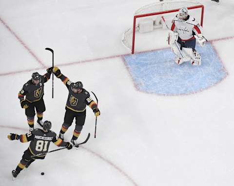 Reilly Smith #19, Jonathan Marchessault #81 and Paul Stastny #26 of the Vegas Golden Knights celebrate. (Photo by Ethan Miller/Getty Images)