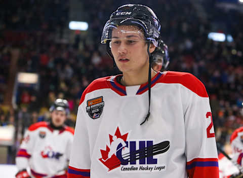 KITCHENER, ONTARIO – MARCH 23: Mats Lindgren #26 of Team White skates against Team Red in the 2022 CHL/NHL Top Prospects Game at Kitchener Memorial Auditorium on March 23, 2022 in Kitchener, Ontario. (Photo by Chris Tanouye/Getty Images)