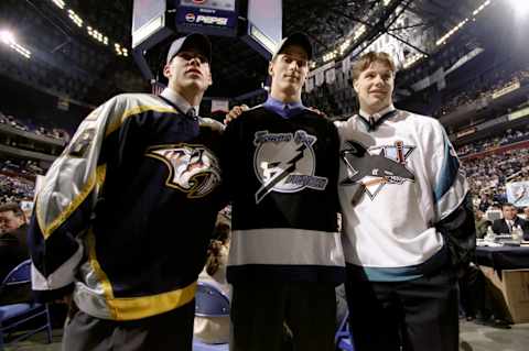 27 Jun 1998: First round picks (L-R) David Legwand of the Nashville Predators, Vincent Lecavalier of the Tampa Bay Lightning and Brad Stuart of the San Jose Sharks.