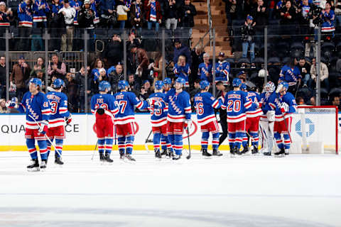 NEW YORK, NY – FEBRUARY 09: The New York Rangers celebrate after defeating the Los Angeles Kings 4-1 at Madison Square Garden on February 9, 2020 in New York City. (Photo by Jared Silber/NHLI via Getty Images)