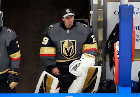 Marc-Andre Fleury #29 of the Vegas Golden Knights sits on the bench during the game against the Vancouver Canucks in Game One of the Western Conference Second Round. (Photo by Jeff Vinnick/Getty Images)