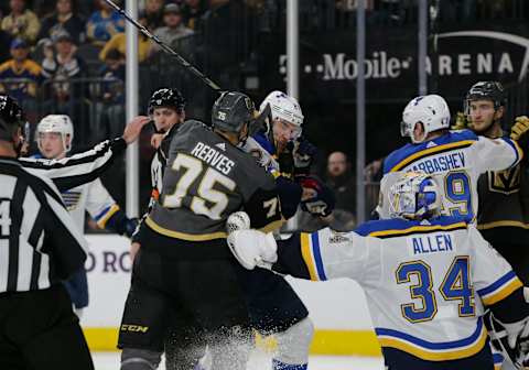 LAS VEGAS, NV – JANUARY 04: Vegas Golden Knights right wing Ryan Reaves (75) collides with St. Louis Blues defenseman Alex Pietrangelo (27) during a regular season game Saturday, Jan. 4, 2020, at T-Mobile Arena in Las Vegas, Nevada. (Photo by: Marc Sanchez/Icon Sportswire via Getty Images)