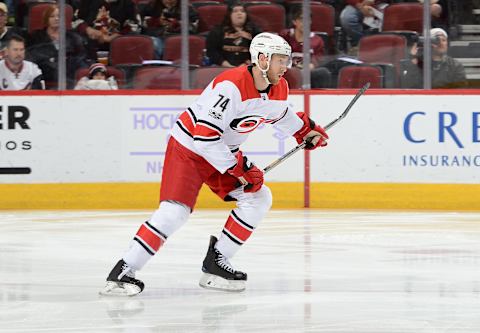 GLENDALE, AZ – NOVEMBER 04: Jaccob Slavin #74 of the Carolina Hurricanes skates up ice against the Arizona Coyotes at Gila River Arena on November 4, 2017 in Glendale, Arizona. (Photo by Norm Hall/NHLI via Getty Images)