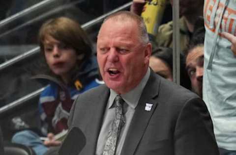 DENVER, COLORADO – DECEMBER 09: Head coach Gerard Gallant of the New York Rangers argues a call at Ball Arena against the Colorado Avalanche on December 09, 2022, in Denver, Colorado. (Photo by Jack Dempsey/Getty Images)