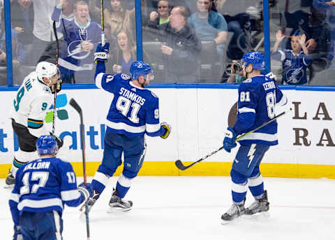 TAMPA, FL – JANUARY 19: Tampa Bay Lightning Center Steven Stamkos (91) celebrates has a goal during the NHL Hockey match between the Tampa Bay Lightning and San Jose Sharks on January 19, 2019, at Amalie Arena in Tampa, FL. (Photo by Andrew Bershaw/Icon Sportswire via Getty Images)