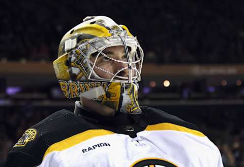 NEW YORK, NEW YORK – OCTOBER 05: Jeremy Swayman #1 of the Boston Bruins takes a break during the second period against the New York Rangers at Madison Square Garden on October 05, 2022, in New York City. (Photo by Bruce Bennett/Getty Images)