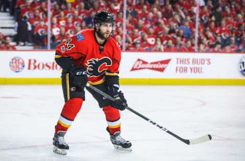 Apr 17, 2017; Calgary, Alberta, CAN; Calgary Flames defenseman Matt Bartkowski (44) skates against the Anaheim Ducks during the third period in game three of the first round of the 2017 Stanley Cup Playoffs at Scotiabank Saddledome. Mandatory Credit: Sergei Belski-USA TODAY Sports