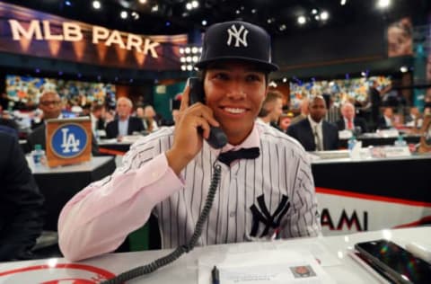 SECAUCUS, NJ – JUNE 4: Anthony Seigler who was drafted 23rd overall by the New York Yankees talks to the Yankees front office during the 2018 Major League Baseball Draft at Studio 42 at the MLB Network on Monday, June 4, 2018 in Secaucus, New Jersey. (Photo by Alex Trautwig/MLB Photos via Getty Images)