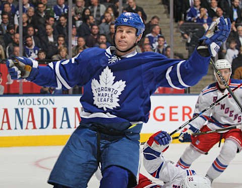 TORONTO, ON – JANUARY 19: Matt Martin #15 of the Toronto Maple Leafs gets his stick knocked out of his hands during play against the New York Rangers in an NHL game at the Air Canada Centre on January 19, 2017 in Toronto, Ontario, Canada. The Rangers defeated the Maple Leafs 5-2.. (Photo by Claus Andersen/Getty Images)