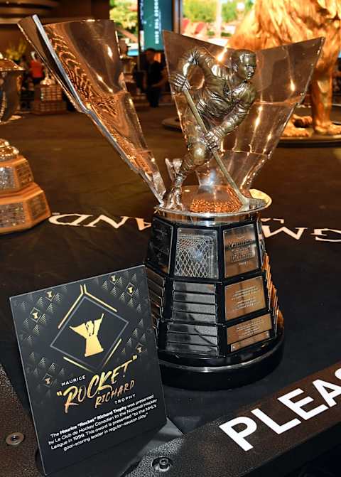 LAS VEGAS, NEVADA – JUNE 16: The Maurice “Rocket” Richard Trophy is displayed at MGM Grand Hotel & Casino in advance of the 2019 NHL Awards on June 16, 2019 in Las Vegas. Nevada. . (Photo by Ethan Miller/Getty Images)