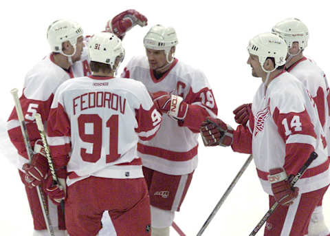 Nicklas Lidstrom #5 and Sergei Fedorov #91: (Tom Pidgeon/Getty Images/NHLI)