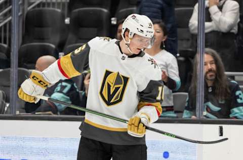 Apr 1, 2022; Seattle, Washington, USA; Las Vegas Golden Knights forward Pavel Dorofeyev (16) bounces a puck on his stick during warmups before a game against the Seattle Kraken at Climate Pledge Arena. Mandatory Credit: Stephen Brashear-USA TODAY Sports