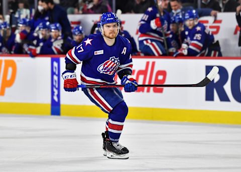 LAVAL, QC – APRIL 08: Sean Malone #17 of the Rochester Americans skates against the Laval Rocket during the third period at Place Bell on April 8, 2022 in Laval, Canada. The Laval Rocket defeated the Rochester Americans 4-3 in overtime. (Photo by Minas Panagiotakis/Getty Images)