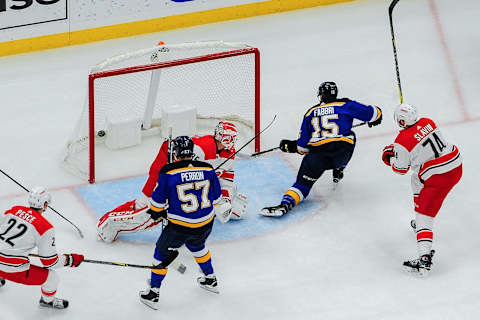 ST. LOUIS, MO – NOVEMBER 6: Robby Fabbri #15 of the St. Louis Blues scores a goal against the Carolina Hurricanes at Enterprise Center on November 6, 2018 in St. Louis, Missouri. (Photo by Joe Puetz/NHLI via Getty Images)