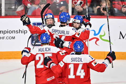 HALIFAX, CANADA – JANUARY 05: Jiri Kulich #25 of Team Czech Republic joins teammates Stanislav Svozil #14, Matyas Sapovaliv #24, Eduard Sale #28 and David Spacek #3 to celebrate his goal during the third period against Team Canada in the gold medal round of the 2023 IIHF World Junior Championship at Scotiabank Centre on January 5, 2023 in Halifax, Nova Scotia, Canada. (Photo by Minas Panagiotakis/Getty Images)