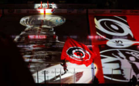 Kids Canes RALEIGH, NC - APRIL 17: Carolina Hurricanes mascot, Stormy, skates on the ice against the New York Islanders prior to the first period of the Eastern Conference Game One of the First Round of the 2023 Stanley Cup Playoffs at PNC Arena on April 17, 2023 in Raleigh, North Carolina. (Photo by Jaylynn Nash/Getty Images)