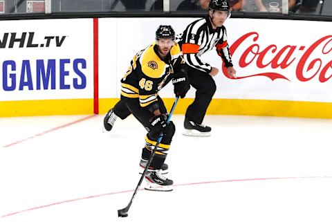 BOSTON, MA – SEPTEMBER 23: Boston Bruins center David Krejci (46) looks to pass during a preseason game between the Boston Bruins and the Philadelphia Flyers on September 23, 2019, at TD Garden in Boston, Massachusetts. (Photo by Fred Kfoury III/Icon Sportswire via Getty Images)