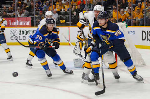 NASHVILLE, TENNESSEE – FEBRUARY 16: Oskar Sundqvist #70 and Ivan Barbashev #49 of the St. Louis Blues watch the puck bounce against the Nashville Predators during the second period at Bridgestone Arena on February 16, 2020 in Nashville, Tennessee. (Photo by Frederick Breedon/Getty Images)