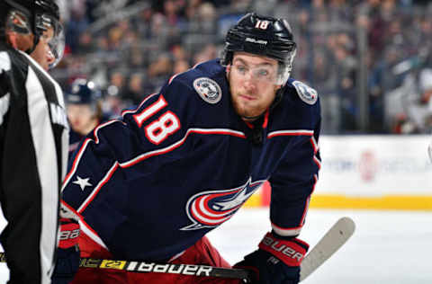 COLUMBUS, OH – DECEMBER 15: Pierre-Luc Dubois #18 of the Columbus Blue Jackets skates against the Anaheim Ducks on December 15, 2018 at Nationwide Arena in Columbus, Ohio. (Photo by Jamie Sabau/NHLI via Getty Images)