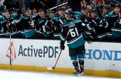 ANAHEIM, CA – OCTOBER 8: Troy Terry #61 of the Anaheim Ducks celebrates his shootout goal with his teammates during the game against the Detroit Red Wings on October 8, 2018, at Honda Center in Anaheim, California. (Photo by Debora Robinson/NHLI via Getty Images)