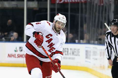 NEW YORK, NEW YORK – NOVEMBER 27: Joel Edmundson #6 of the Carolina Hurricanes skates against the New York Rangers at Madison Square Garden on November 27, 2019 in New York City. The Rangers defeated the Hurricanes 3-2. (Photo by Bruce Bennett/Getty Images)