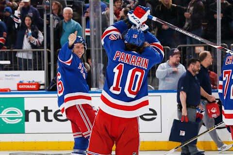 NEW YORK, NY – FEBRUARY 09: Artemi Panarin #10 and Ryan Strome #16 of the New York Rangers celebrate after defeating the Los Angeles Kings 4-1 at Madison Square Garden on February 9, 2020 in New York City. (Photo by Jared Silber/NHLI via Getty Images)