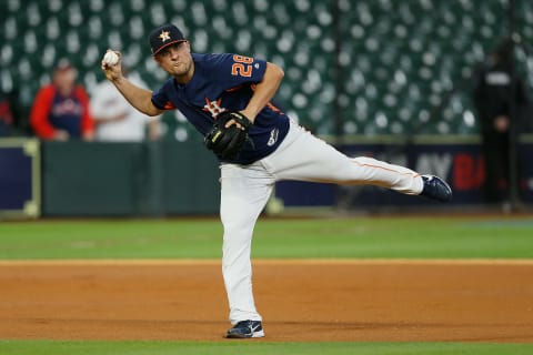 HOUSTON, TX – OCTOBER 17: J.D. Davis #28 of the Houston Astros warms up during batting practice before Game Four of the American League Championship Series against the Boston Red Sox at Minute Maid Park on October 17, 2018 in Houston, Texas. (Photo by Bob Levey/Getty Images)