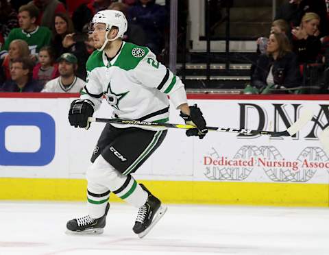 RALEIGH, NC – FEBRUARY 16: Jamie Oleksiak #2 of the Dallas Stars skates for position during an NHL game against the Carolina Hurricanes on February 16, 2019 at PNC Arena in Raleigh, North Carolina. (Photo by Gregg Forwerck/NHLI via Getty Images)