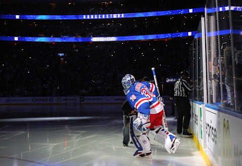 Jun 9, 2014; New York, NY, USA; New York Rangers goalie Henrik Lundqvist (30) takes the ice before game three of the 2014 Stanley Cup Final against the Los Angeles Kings at Madison Square Garden. Mandatory Credit: Brad Penner-USA TODAY Sports