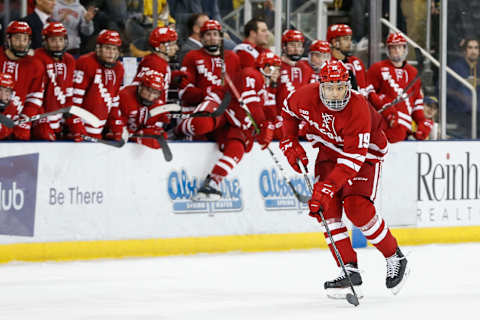 ANN ARBOR, MI – NOVEMBER 24: Wisconsin Badgers defenseman K’Andre Miller (19) skates with the puck during a regular season Big 10 Conference hockey game between the Wisconsin Badgers and Michigan Wolverines on November 24, 2018 at Yost Ice Arena in Ann Arbor, Michigan. (Photo by Scott W. Grau/Icon Sportswire via Getty Images)