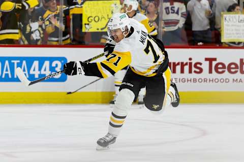 RALEIGH, NC – NOVEMBER 18: Evgeni Malkin #71 of the Pittsburgh Penguins shoots with the puck during the warmups of the game against the Carolina Hurricanes at PNC Arena on November 18, 2023 in Raleigh, North Carolina. (Photo by Jaylynn Nash/Getty Images)