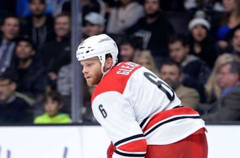 LOS ANGELES, CA – NOVEMBER 20: Tim Gleason #6 of the Carolina Hurricanes follows play against the Los Angeles Kings at Staples Center on November 20, 2014 in Los Angeles, California. (Photo by Harry How/Getty Images)