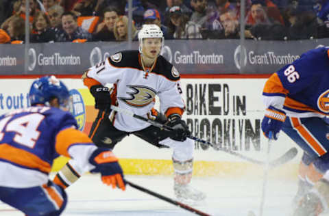 NEW YORK, NY: Jacob Larsson #51 of the Anaheim Ducks skates against the New York Islanders at the Barclays Center on October 16, 2016. (Photo by Bruce Bennett/Getty Images)