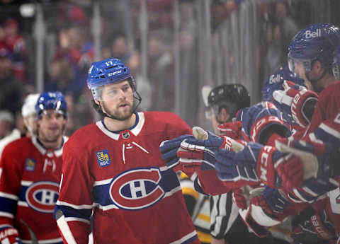 Nov 12, 2022; Montreal, Quebec, CAN; Montreal Canadiens forward Josh Anderson (17) celebrates with teammates after scoring a goal against the Pittsburgh Penguins during the first period at the Bell Centre. Mandatory Credit: Eric Bolte-USA TODAY Sports