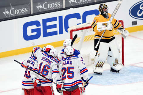 New York Rangers center Ryan Strome (16) celebrates with his teammates after scoring Credit: Brian Fluharty-USA TODAY Sports