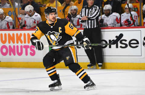 PITTSBURGH, PA – MAY 07: Sidney Crosby #87 of the Pittsburgh Penguins skates against the Washington Capitals in Game Six of the Eastern Conference Second Round during the 2018 NHL Stanley Cup Playoffs at PPG Paints Arena on May 7, 2018 in Pittsburgh, Pennsylvania. (Photo by Joe Sargent/NHLI via Getty Images) *** Local Caption ***