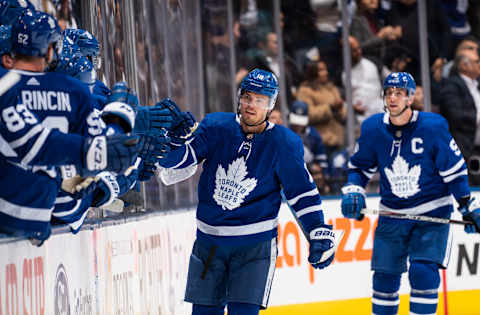 TORONTO, ON – OCTOBER 15: Andreas Johnsson #18 of the Toronto Maple Leafs. (Photo by Mark Blinch/NHLI via Getty Images)