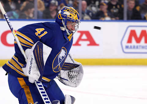 Mar 23, 2022; Buffalo, New York, USA; Buffalo Sabres goaltender Craig Anderson (41) looks to make a save during the third period against the Pittsburgh Penguins at KeyBank Center. Mandatory Credit: Timothy T. Ludwig-USA TODAY Sports