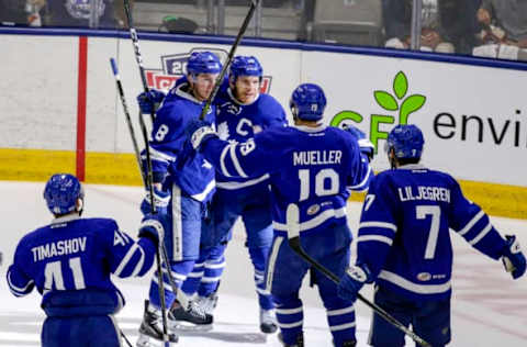 TORONTO, ON – JUNE 2 – Ben Smith of the Marlies (#18-3rd from left) celebrates his goal with his line mates during the 2nd period of the Calder Cup Finals game 1 as the Toronto Marlies host the Texas Stars at the Ricoh Coliseum on June 2, 2018. (Carlos Osorio/Toronto Star via Getty Images)