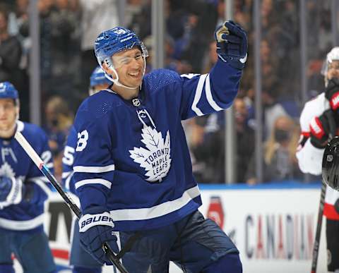 TORONTO, ON – OCTOBER 16: Michael Bunting #58 of the Toronto Maple Leafs c .(Photo by Claus Andersen/Getty Images)