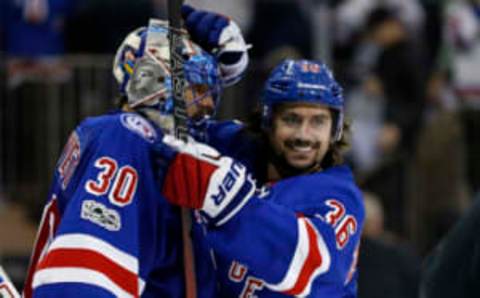 May 4, 2017; New York, NY, USA; New York Rangers goalie Henrik Lundqvist (30) and New York Rangers right wing Mats Zuccarello (36) celebrate after defeating the Ottawa Senators in game four of the second round of the 2017 Stanley Cup Playoffs at Madison Square Garden. Mandatory Credit: Adam Hunger-USA TODAY Sports