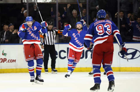 NEW YORK, NEW YORK – DECEMBER 22: Artemi Panarin #10 of the New York Rangers celebrates his powerplay goal against the New York Islanders at 17:14 of the first period at Madison Square Garden on December 22, 2022, in New York City. (Photo by Bruce Bennett/Getty Images)