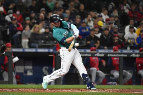 SEATTLE, WASHINGTON – JUNE 17: Ty France #23 of the Seattle Mariners bats during the third inning against the Los Angeles Angels at T-Mobile Park on June 17, 2022 in Seattle, Washington. (Photo by Alika Jenner/Getty Images)