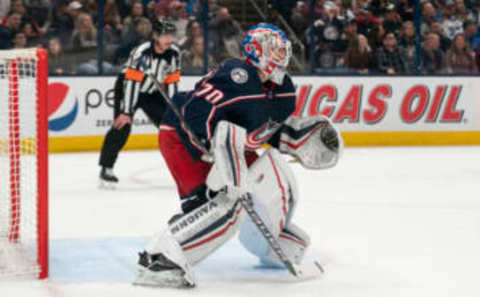 Mar 19, 2022; Columbus, Ohio, USA; Columbus Blue Jackets goaltender Joonas Korpisalo (70) guards the net against the St. Louis Blues during the third period at Nationwide Arena. Mandatory Credit: Jason Mowry-USA TODAY Sports