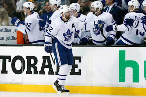 BOSTON, MA – APRIL 25: Toronto Maple Leafs left wing Patrick Marleau (12) skates by the bench after scoring during Game 7 of the First Round for the 2018 Stanley Cup Playoffs between the Boston Bruins and the Toronto Maple Leafs on April 25, 2018, at TD Garden in Boston, Massachusetts. The Bruins defeated the Maple Leafs 7-4 to advance to the next round. (Photo by Fred Kfoury III/Icon Sportswire via Getty Images)