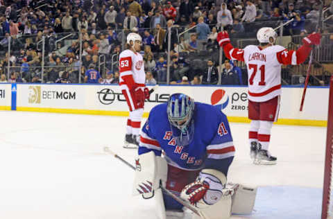 NEW YORK, NEW YORK – NOVEMBER 06: Jaroslav Halak #41 of the New York Rangers reacts after giving up the game-winning goal to Dominik Kubalik #81 of the Detroit Red Wings at Madison Square Garden on November 06, 2022 in New York City. The Red Wings defeated the Rangers 3-2 in overtime. (Photo by Bruce Bennett/Getty Images)